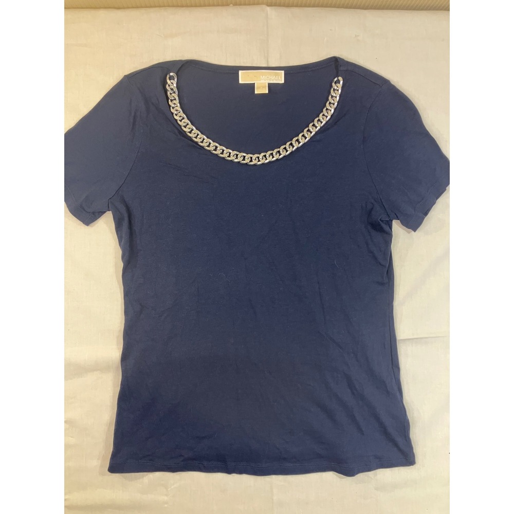 Michael Kors‎ Womens Navy Blue Silver Chain Neck Cotton Modal T-Shirt Size S